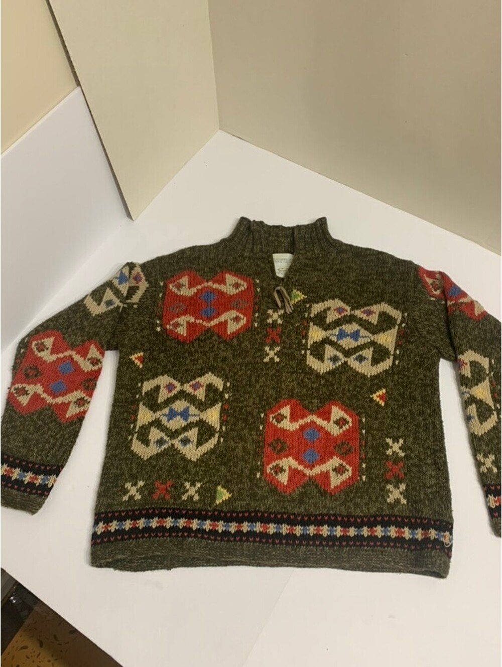 Monterey Bay Linen Cotton Southwestern Geometric Zip Sweater Small